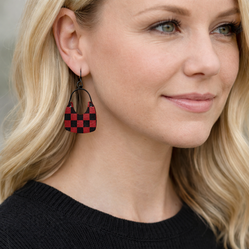 Checkered Red and Black Vegan Leather Dangle Earrings (MMS)