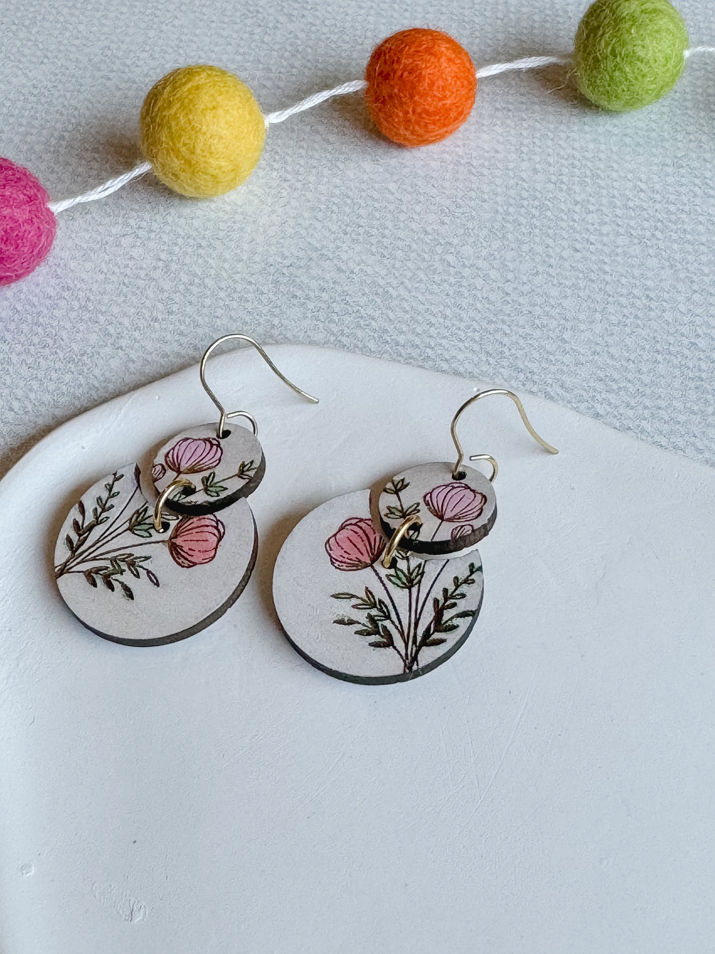 Painted Flowers Wooden Dangle Earrings