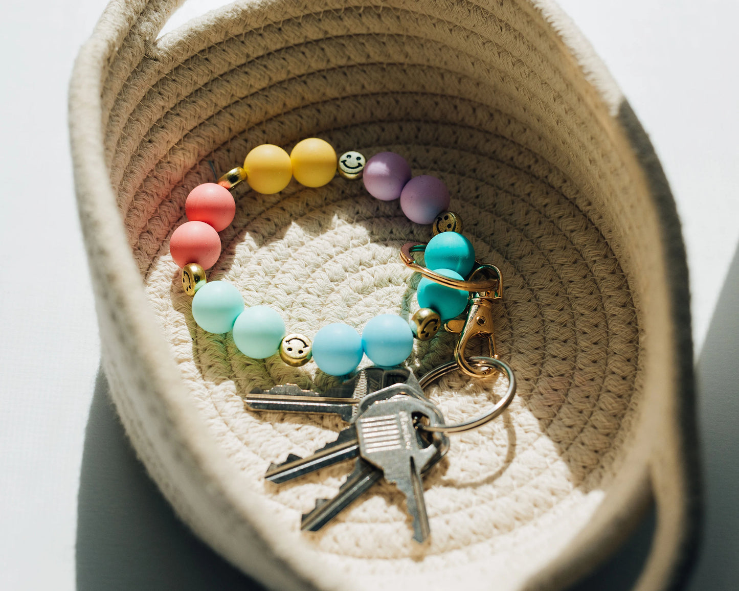 Smiley Silicone Beaded Keychain / Stretch Wristlet Keychain