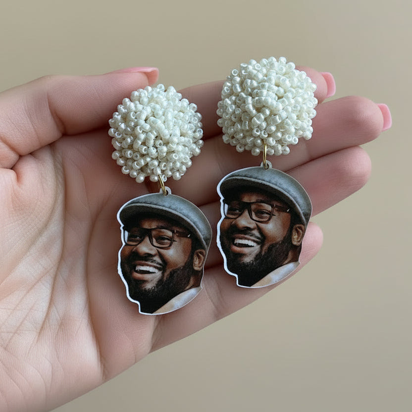 Beaded Pearl Fiance Photo Earrings featuring a black groom wearing a hat