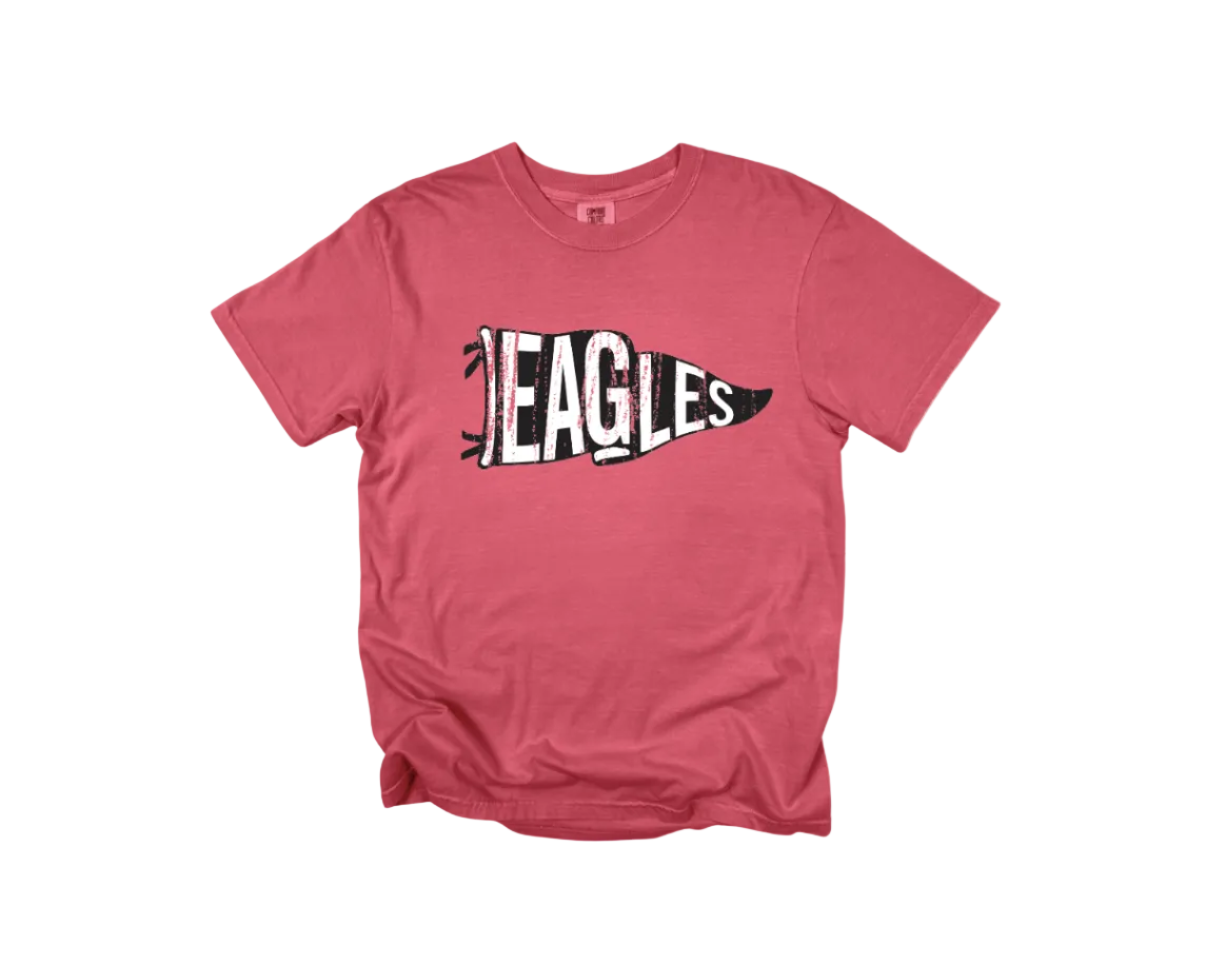 Red t-shirt with 'EAGLES' graphic design on a white background