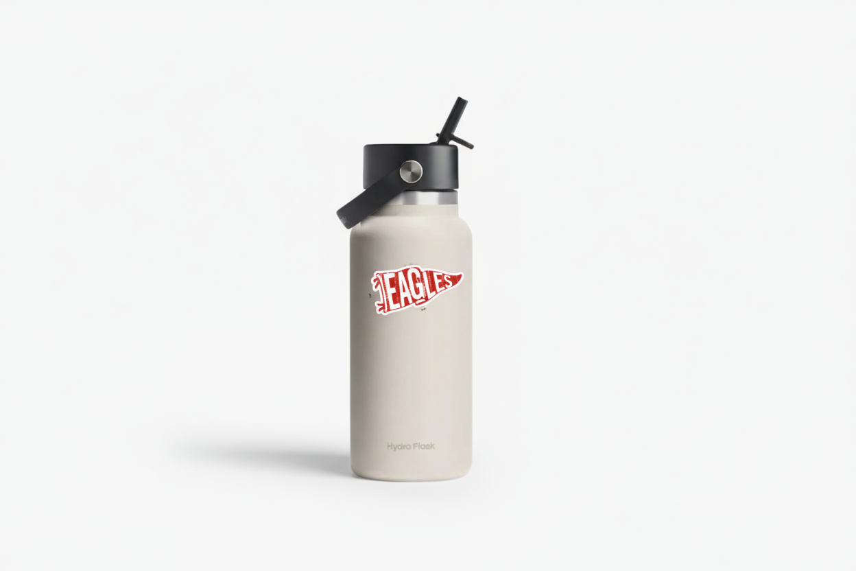 White water bottle with black lid and red logo on a white background