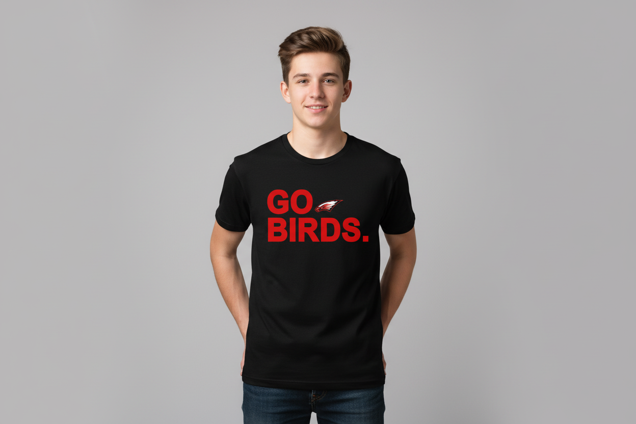 Black t-shirt with 'GO BIRDS.' text and logo on a white background