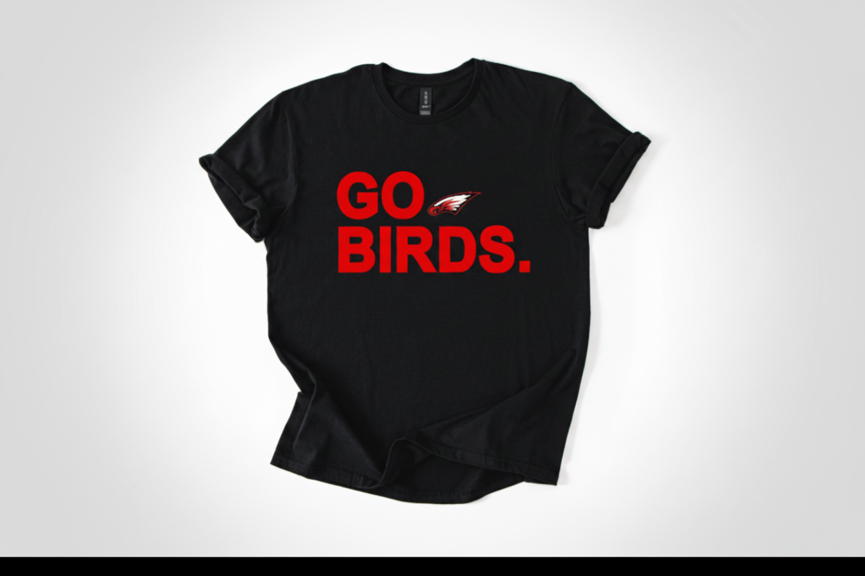 Black t-shirt with 'GO BIRDS.' text in red on a white background