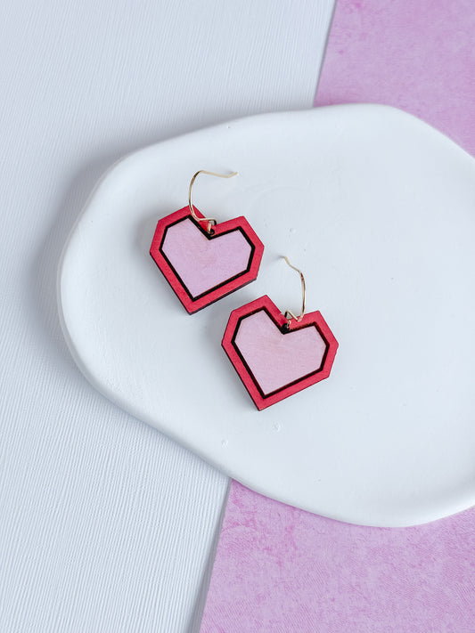 Wooden Geometric Heart Dangle Earrings