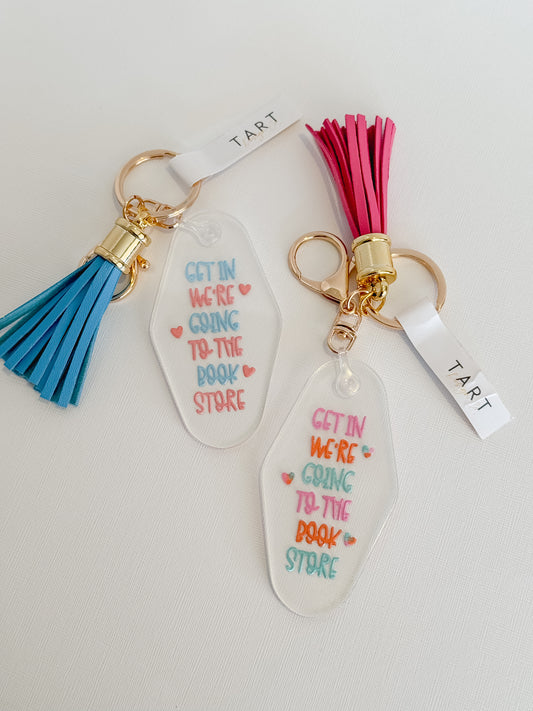 Get In We're Going to the Bookstore Engraved Motel Keychain