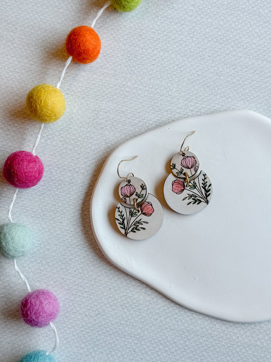 Painted Flowers Wooden Dangle Earrings