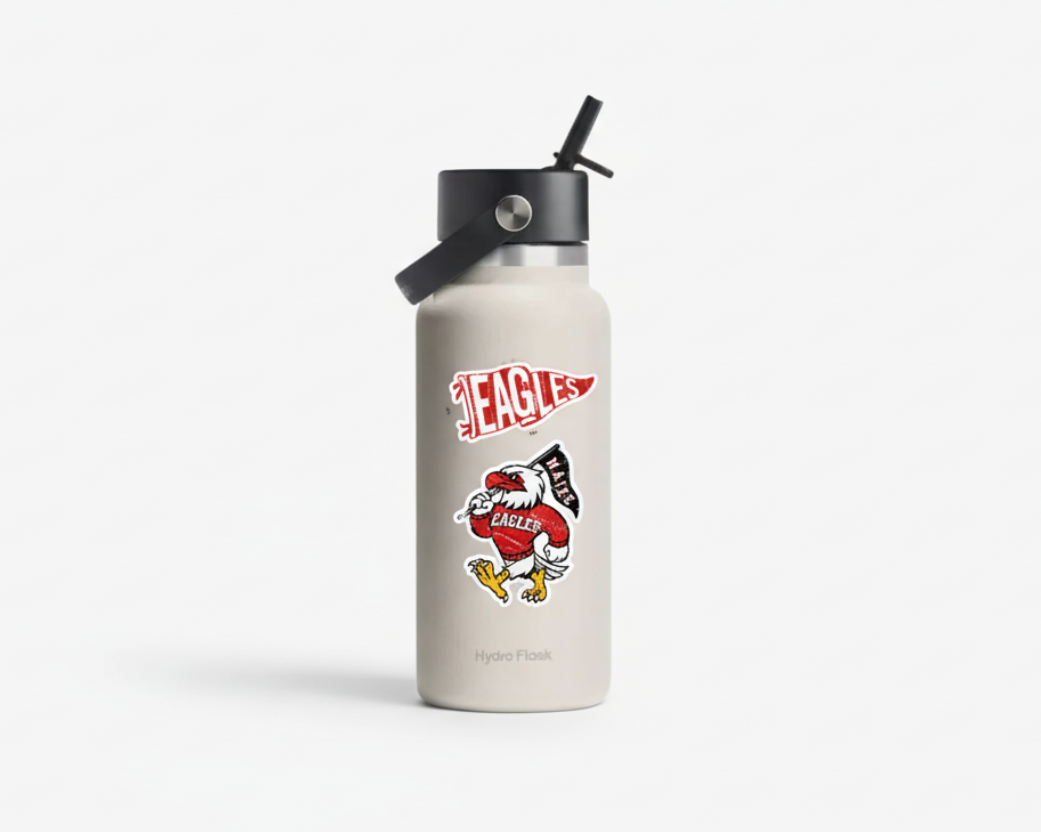 White water bottle with black lid and red and yellow graphic on a white background
