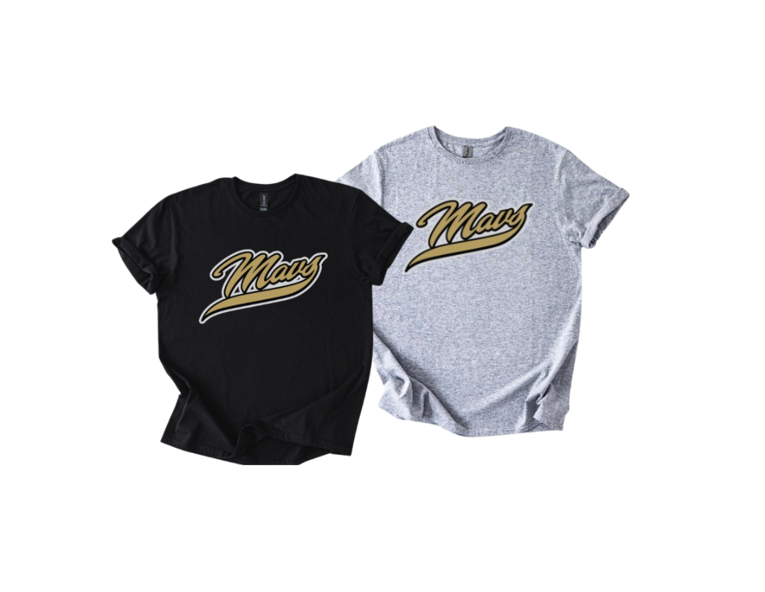 Two short-sleeve crewneck T-shirts shown on a plain white background: one black and one heather gray, each with a large stylized 'Mars' script graphic across the chest in gold and white.