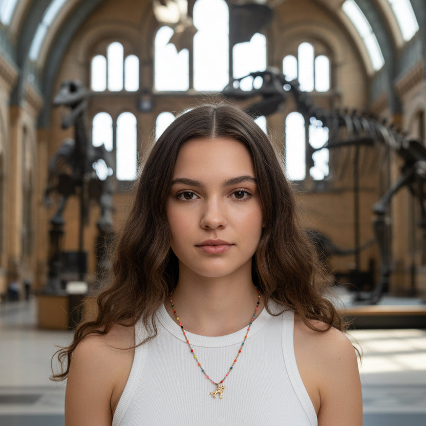 Girl wearing colorful dinosaur necklace in the atrium of a natural history museum. 