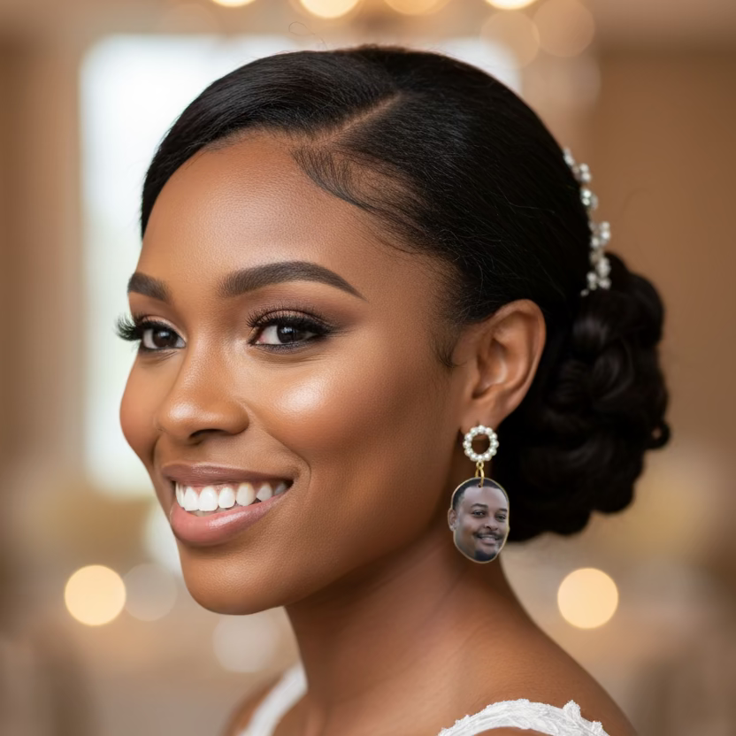 African American Model wearing Faince Photo Earrings with Halo Finish