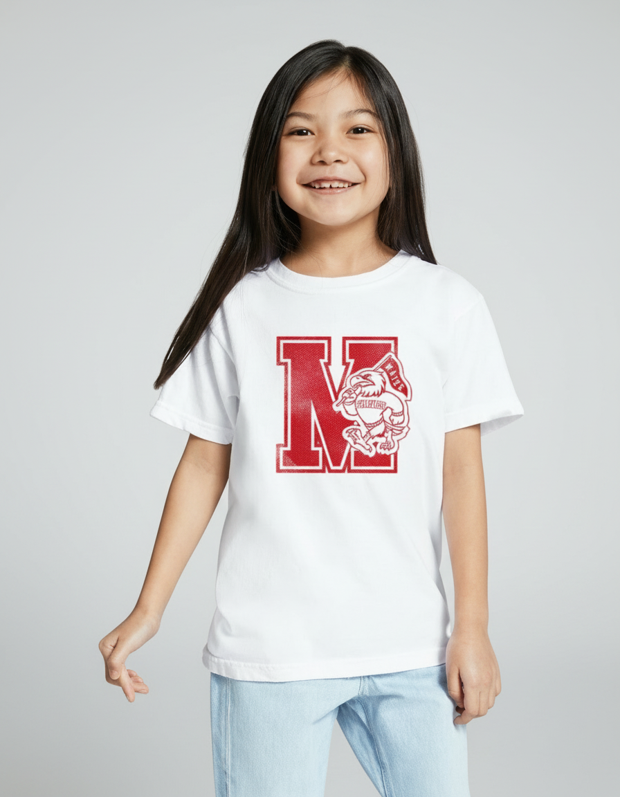 Young girl wearing a white t-shirt with a red graphic design on a white background