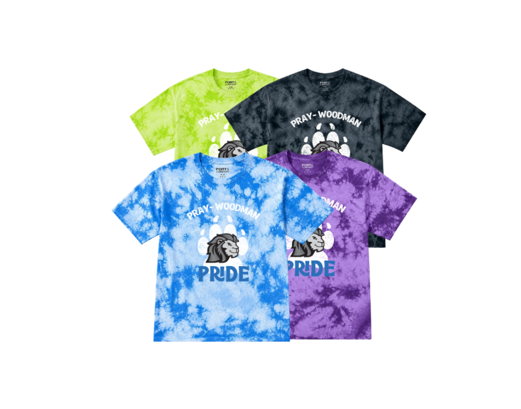 Four tie-dye short-sleeve t-shirts arranged in a 2x2 grid on a white background, each featuring a white paw print and the words 'PRAY - WOODMAN' with a graphic of a wolf or dog head. The shirts are in lime green, charcoal gray, light blue, and purple.