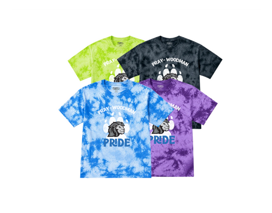 Four tie-dye short-sleeve t-shirts arranged in a 2x2 grid on a white background, each featuring a white paw print and the words 'PRAY - WOODMAN' with a graphic of a wolf or dog head. The shirts are in lime green, charcoal gray, light blue, and purple.
