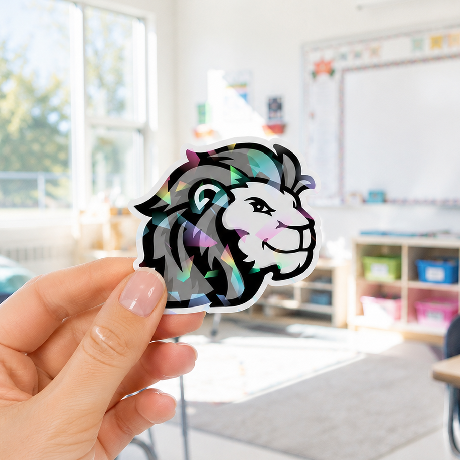 A hand holds a die-cut sticker featuring a stylized lion head with a holographic, iridescent foil finish, set against a blurred classroom background.