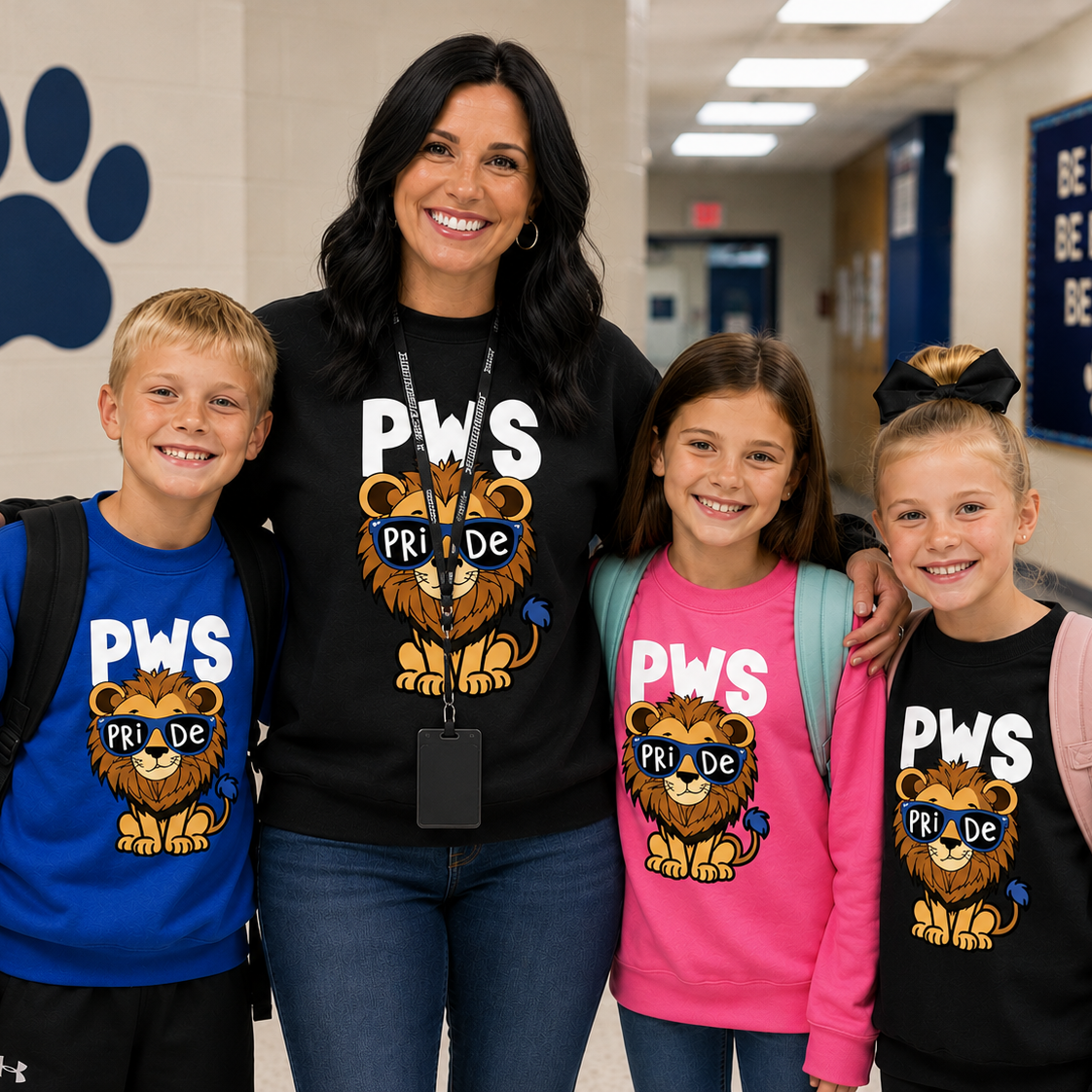 A woman and three children standing together in a school hallway, each wearing a custom PWS Pride sweatshirt featuring a lion graphic and the text 'PWS PRIDE'. The woman wears a black sweatshirt, one child wears a bright blue sweatshirt, and two children wear pink and black sweatshirts.