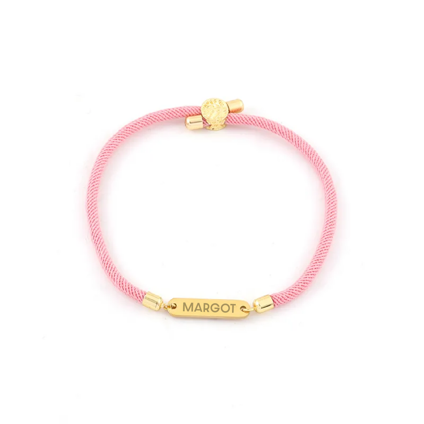 Pink bracelet 'MARGOT' name tag on a white background