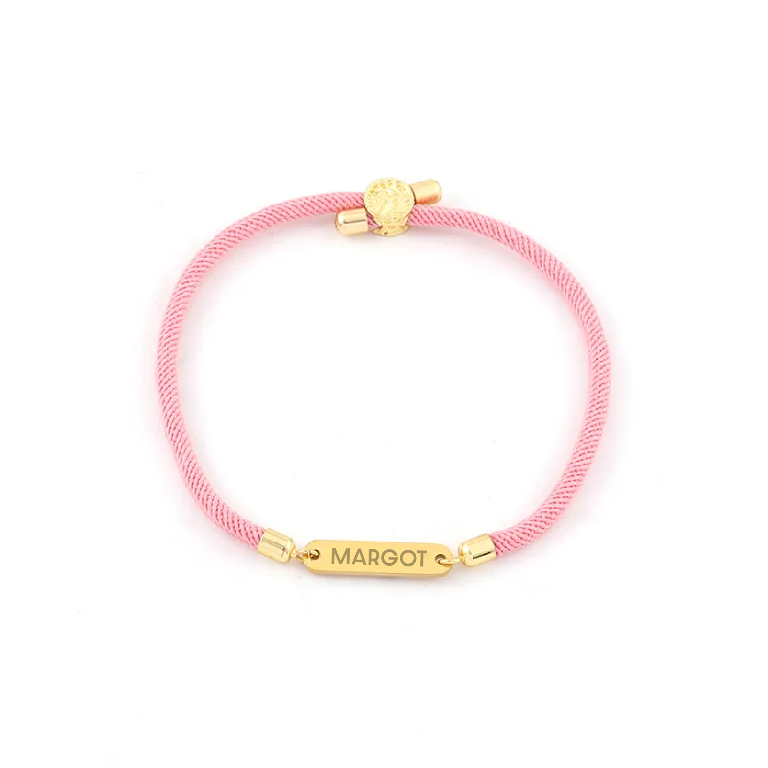 Pink bracelet 'MARGOT' name tag on a white background
