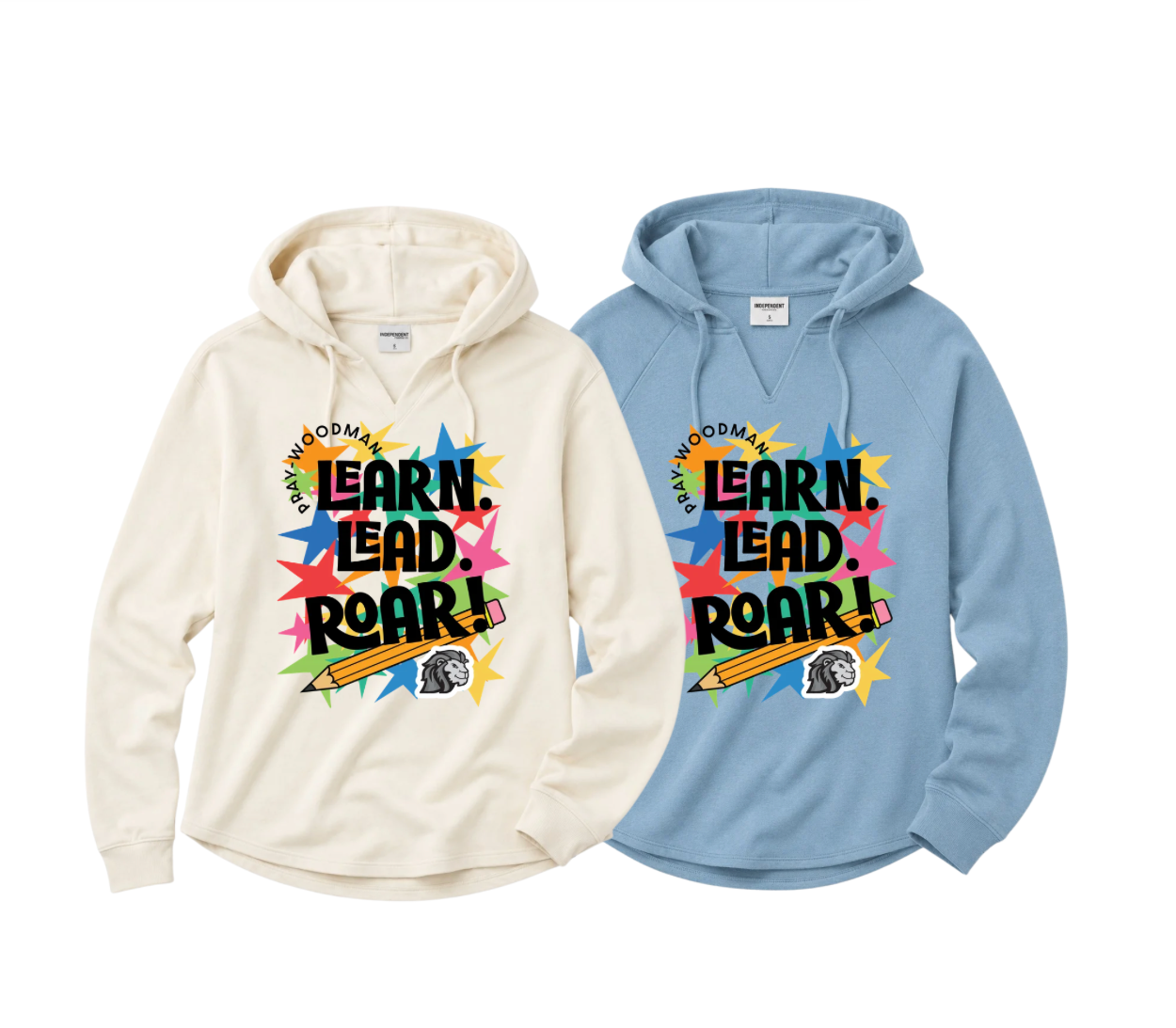 Two hooded sweatshirts shown on a plain white background: one cream/off-white and one light blue, each with a colorful graphic reading "LEARN. LEAD.