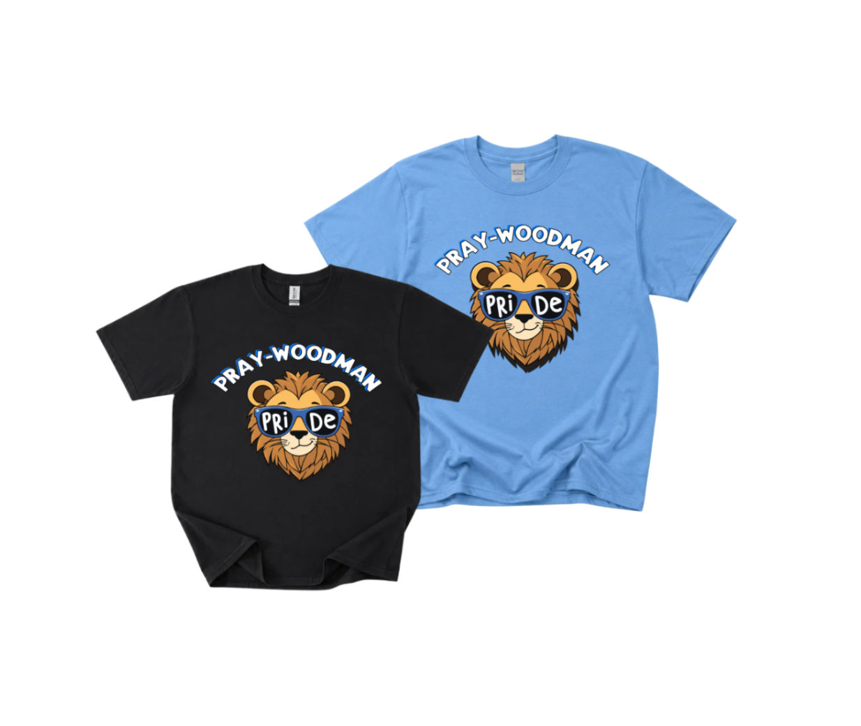 Two graphic t-shirts displayed on a plain white background: one black and one light blue. Both feature a lion head graphic with the words 'PRAY-WOODMAN' above and 'PRIDE' below in a blue banner.
