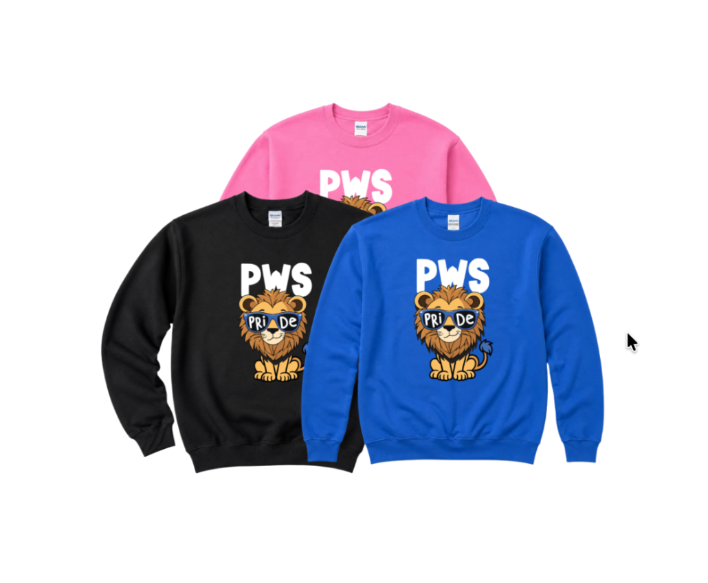 Three crewneck sweatshirts displayed together on a white background: one black, one pink, and one blue. Each sweatshirt features a large graphic of a lion wearing sunglasses with the text 'PWS PRIDE' and 'ANGLY CAT'.