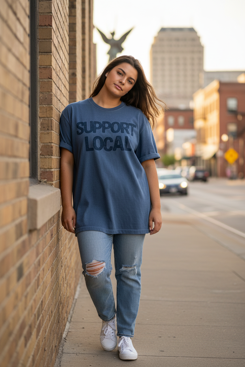 Blue t-shirt with 'Support Local' text on a white background