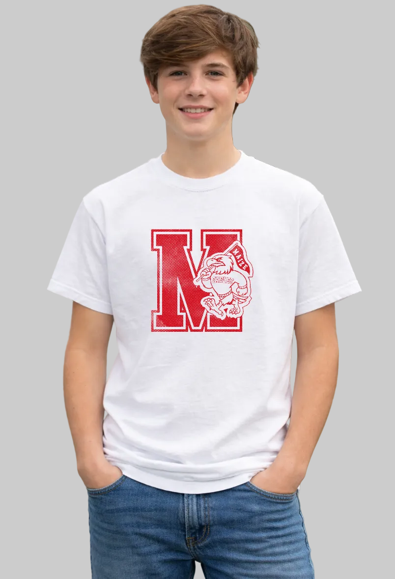 Person wearing a white t-shirt with a red logo outdoors