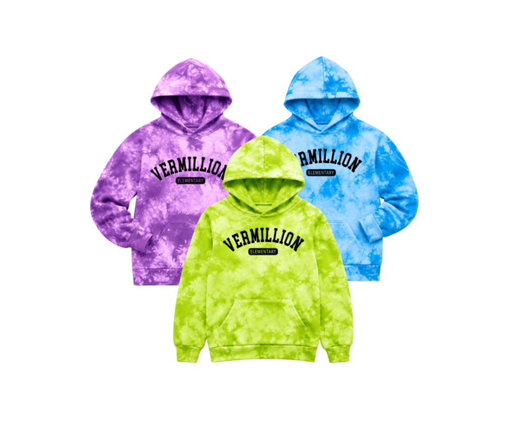 Three tie-dye hoodies in purple, green, and blue with 'VERMILLION' branding on a white background.