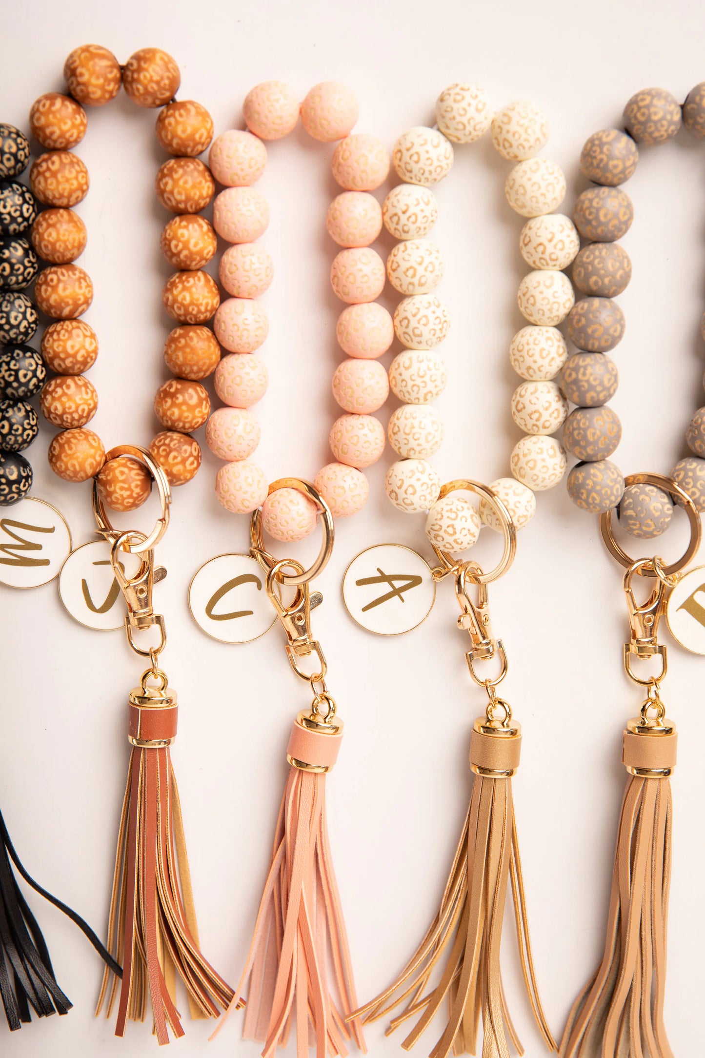 Leopard Wooden Bead Bracelet Keychain