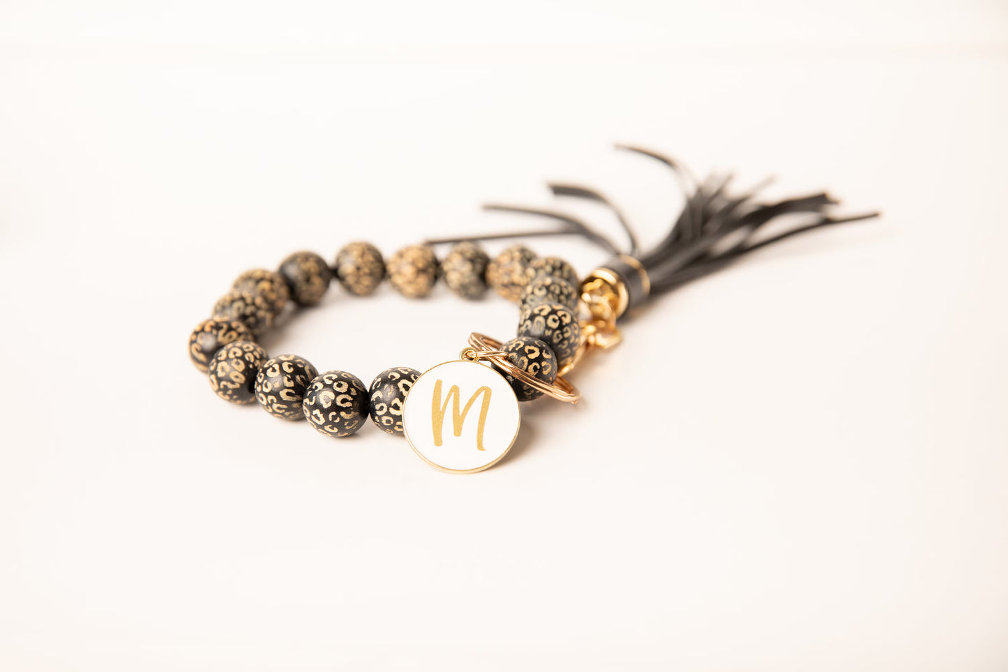 Leopard Wooden Bead Bracelet Keychain
